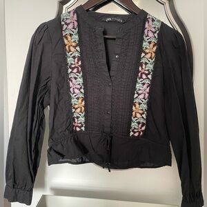 Zara Black Blouse with Floral Embroidery